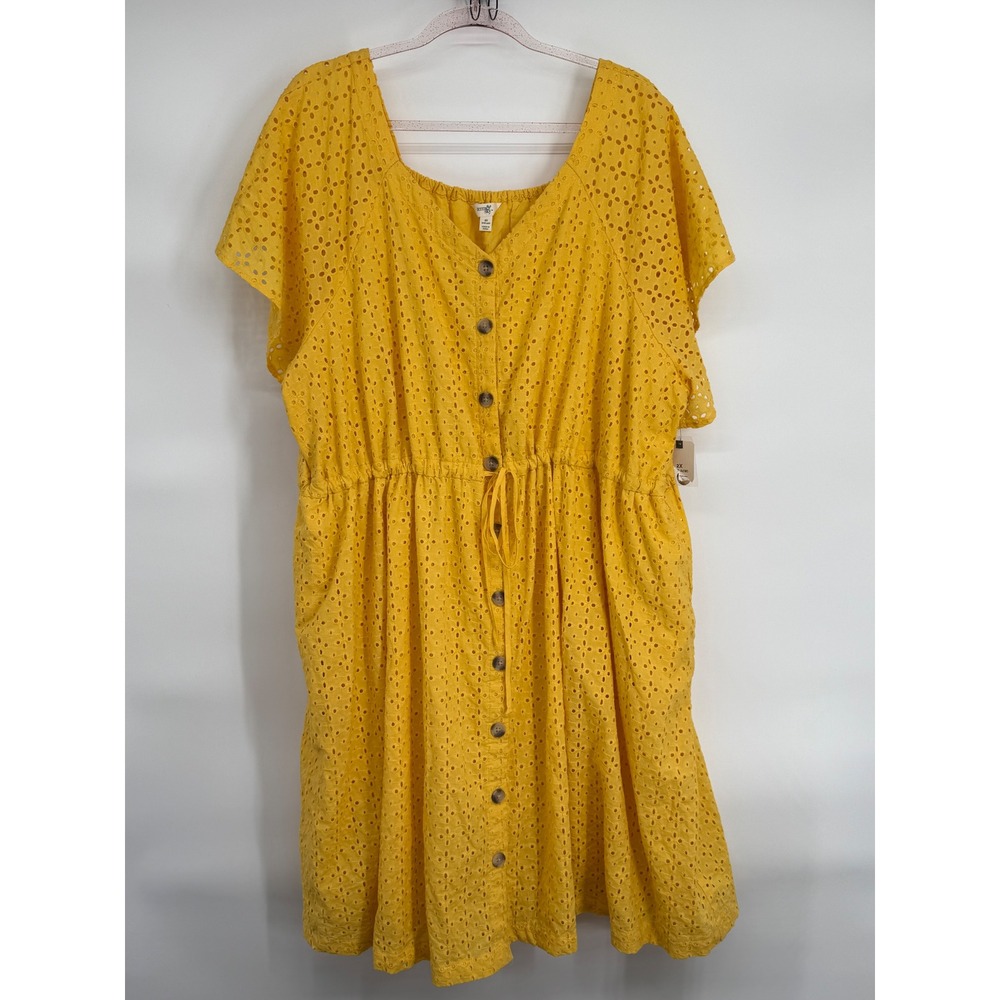 Terra & Sky Sz 2X Yellow Eyelet Button Front Drawstring Waist Dress Short Sleeve